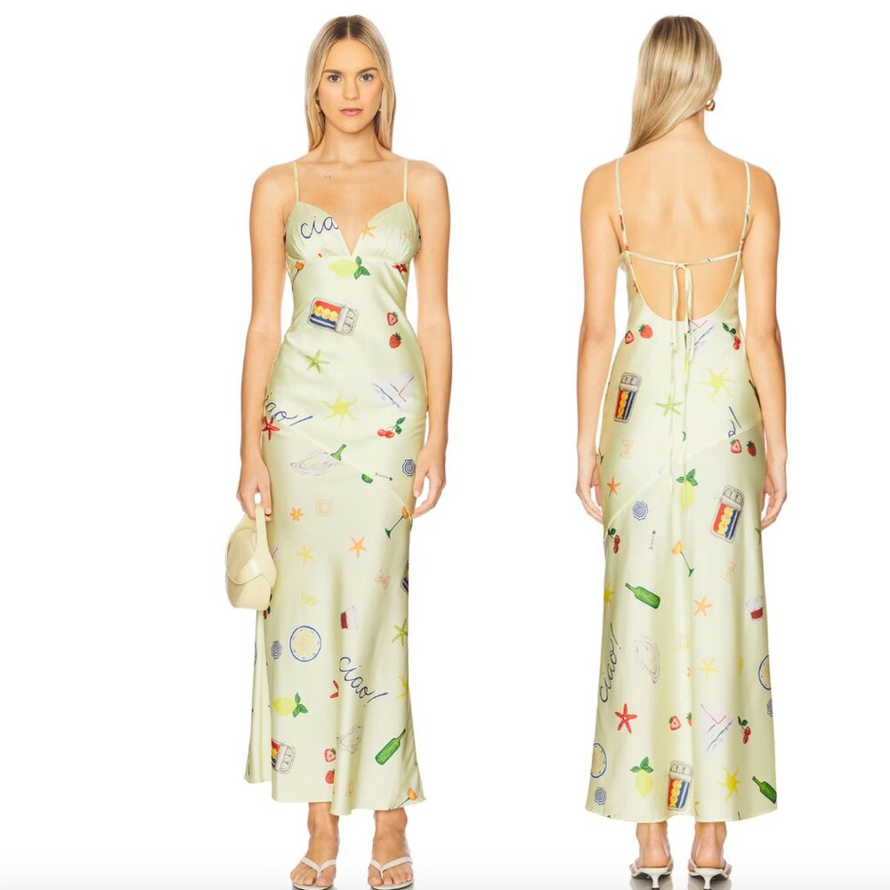 NEW For Love & Lemons Huda Maxi Dress in Yellow Satin Sundress Ciao XS